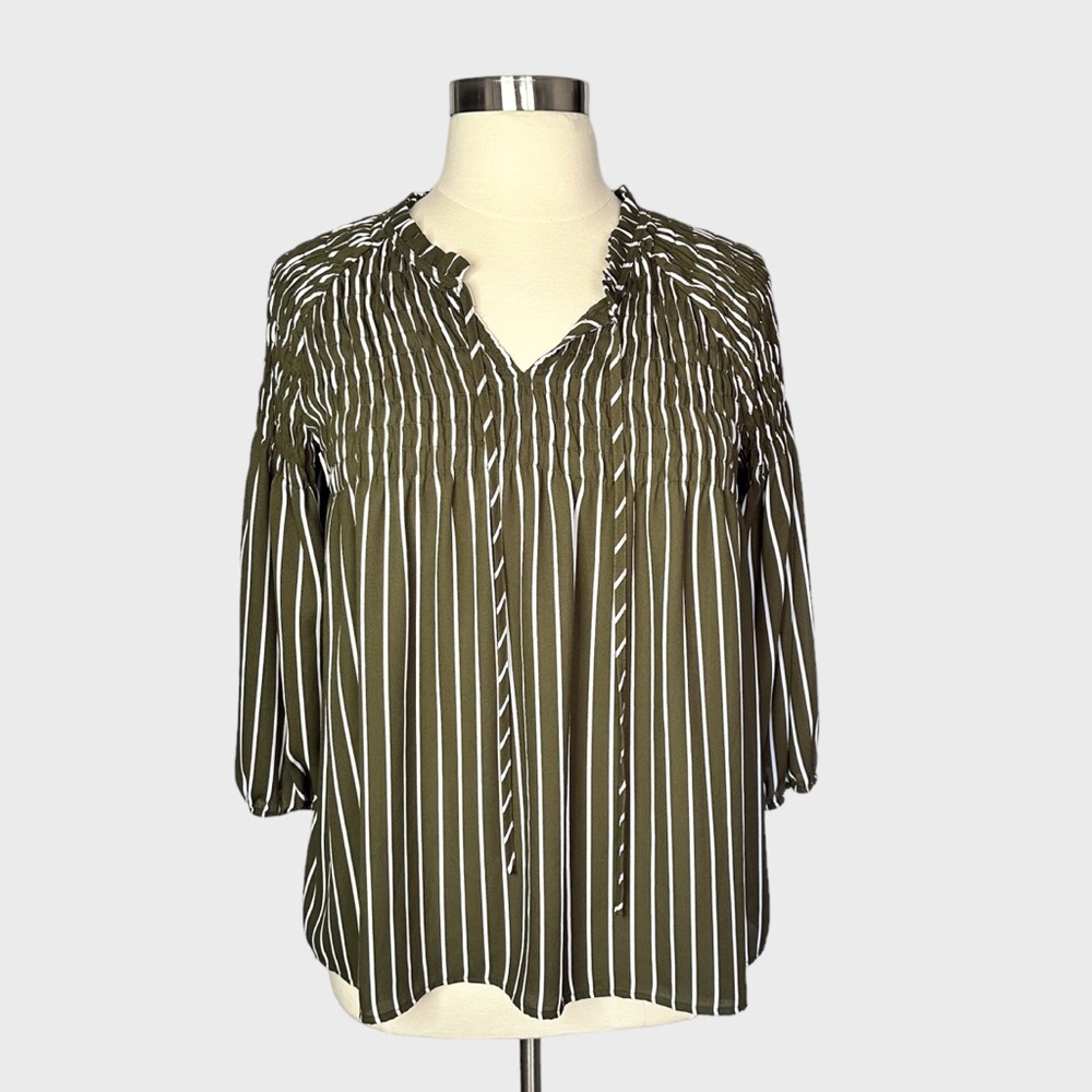 a.n.a Olive Green Striped Smocked Peasant Blouse